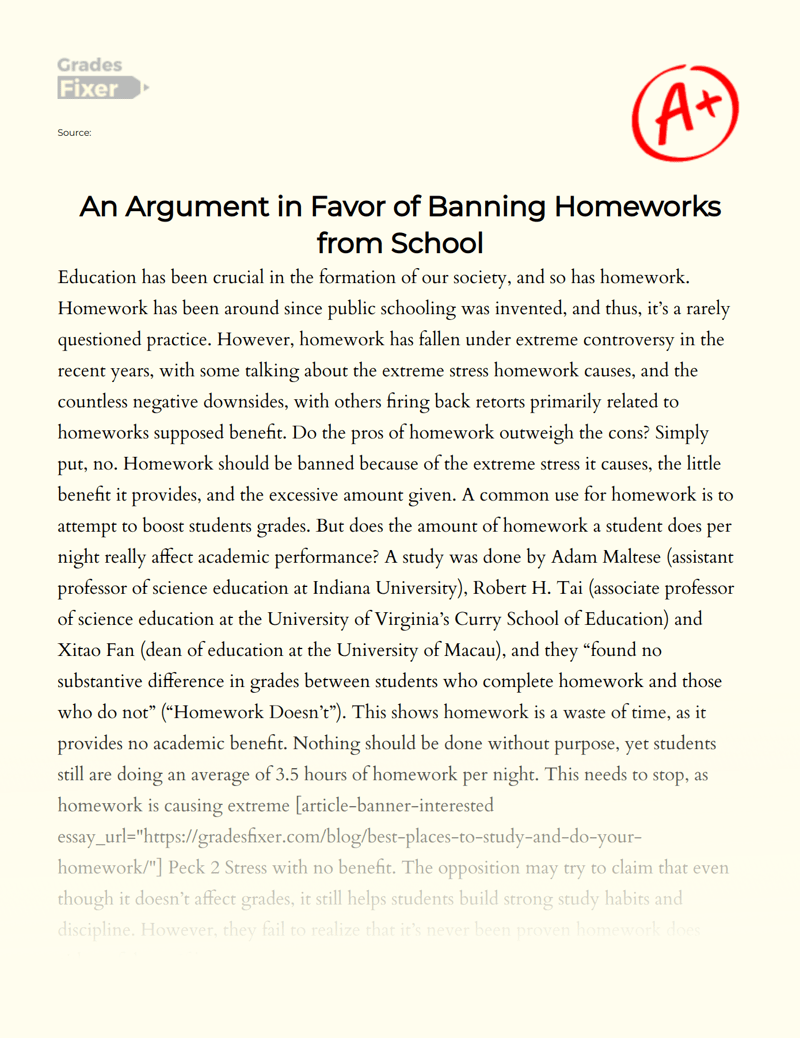 An Argument in Favor of Banning Homeworks from School [Essay Example