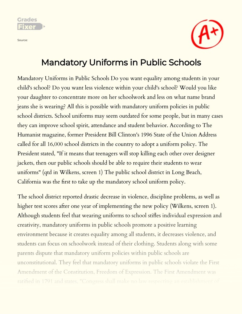 Mandatory Uniforms in Public Schools [Essay Example], 2367 words