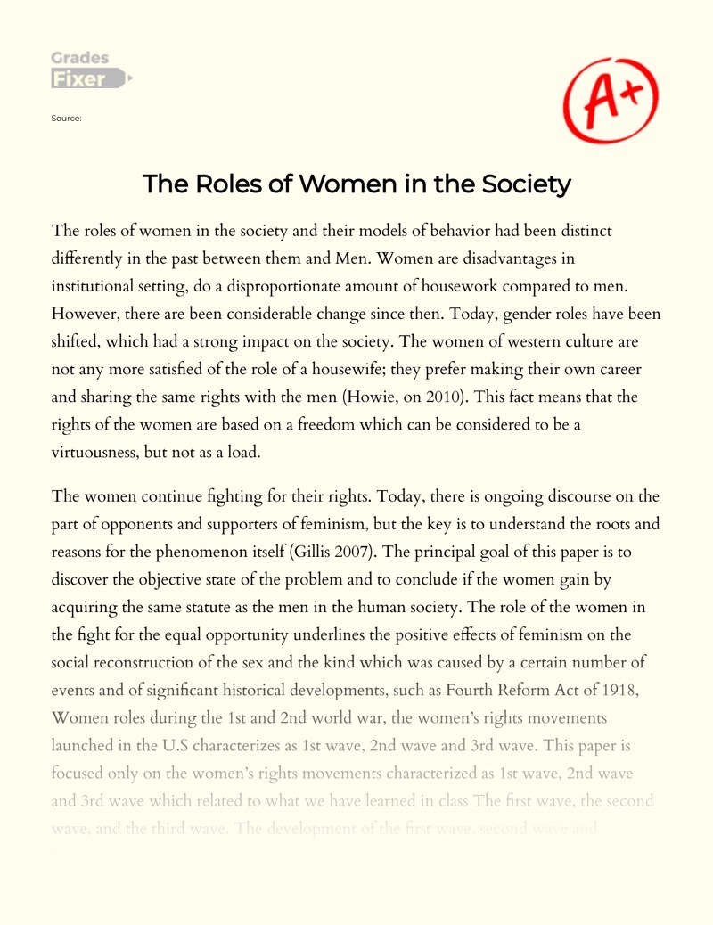 The Roles of Women in the Society [Essay Example], 840 words GradesFixer