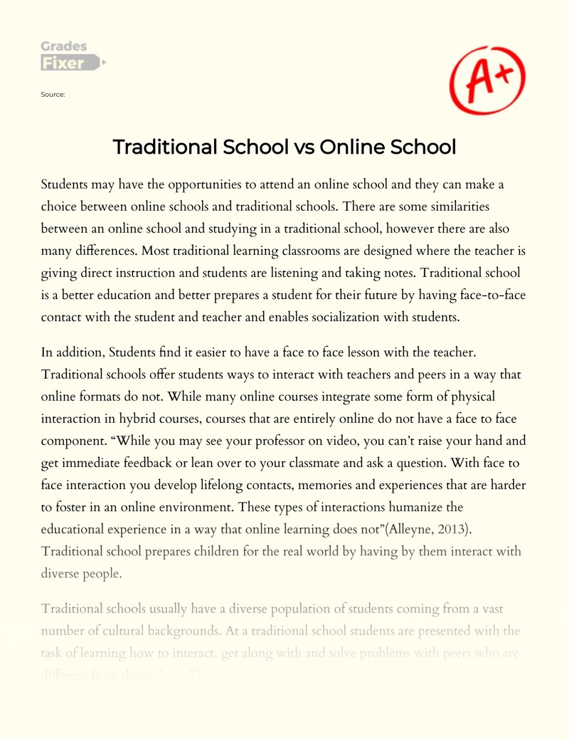 Online School Vs Traditional School [Essay Example], 570 words GradesFixer