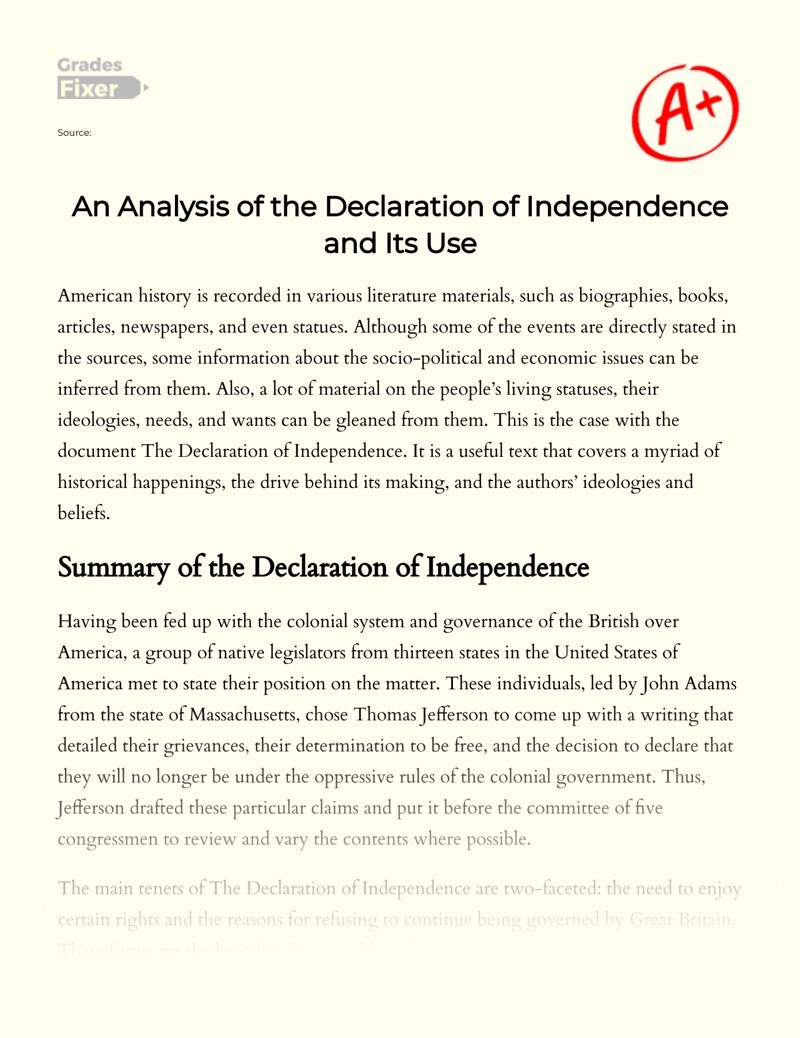 An Analysis of the Declaration of Independence and Its Use [Essay