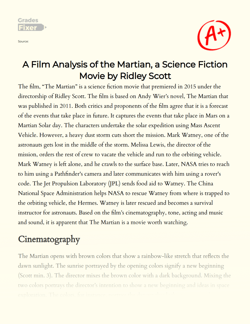 A Science Fiction Movie Analysis of "The Martian" [Essay Example
