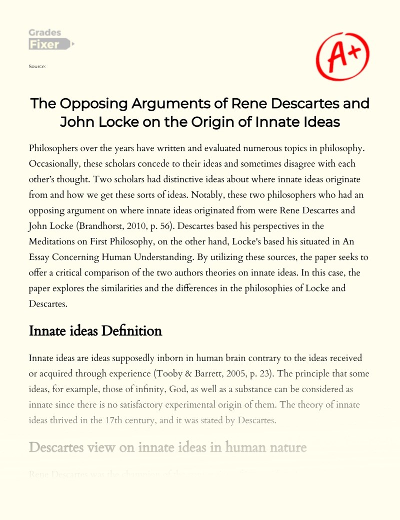 Descartes Vs Locke the Opposing Arguments on the Origin of Innate