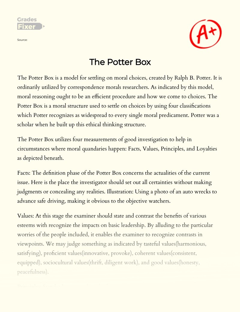 The Potter Box as a Model for Settling on Moral Choices by Ralph B