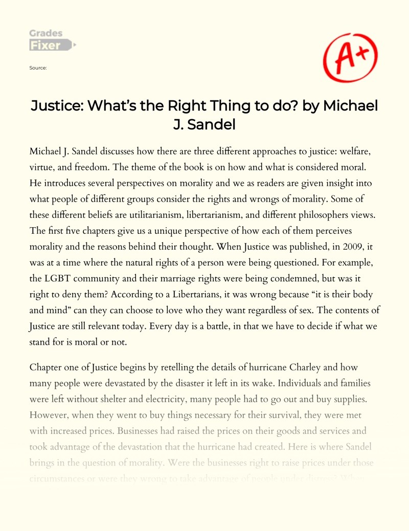 Justice What’s the Right Thing to Do by Michael J. Sandel [Essay