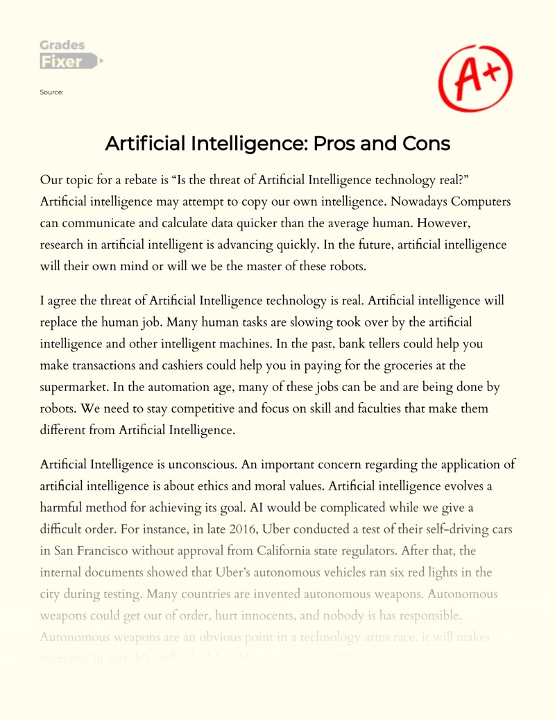 Artificial Intelligence Pros and Cons [Essay Example], 639 words