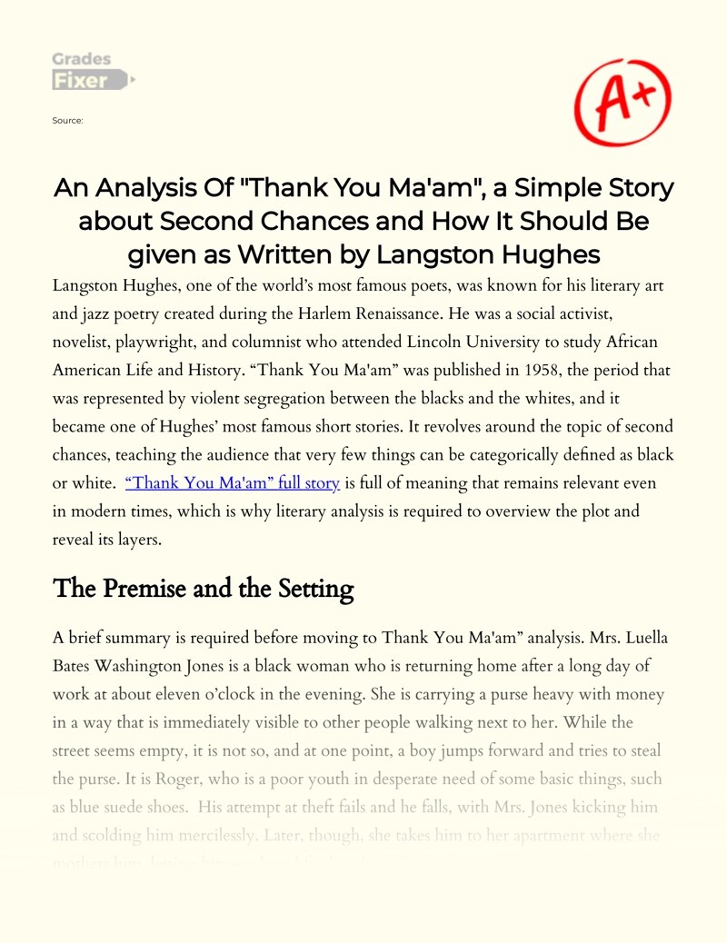 An Analysis of "Thank You Ma'am" Written by Langston Hughes [Essay