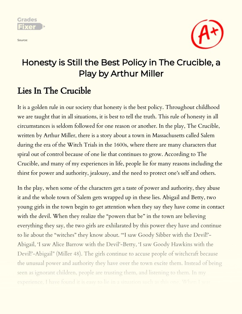 The Theme of Lie in "The Crucible", a Play by Arthur Miller [Essay Example], 976 words GradesFixer
