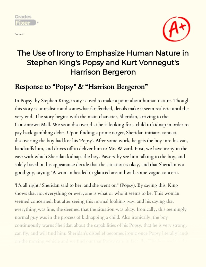 Irony in Stephen King's "Popsy" and Kurt Vonnegut's "Harrison Bergeron