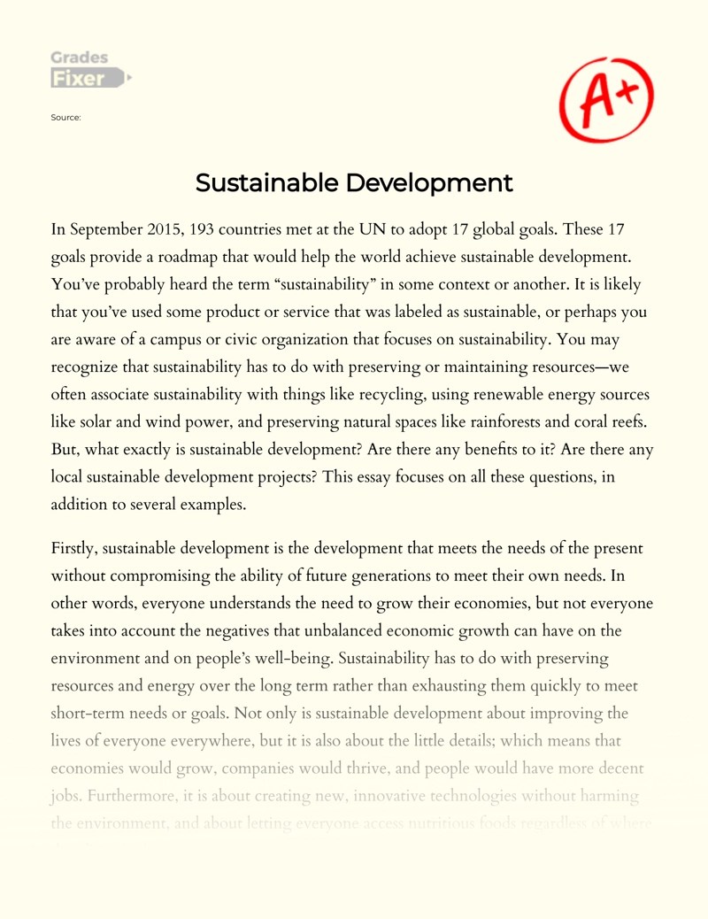 Sustainable Development [Essay Example], 889 words GradesFixer