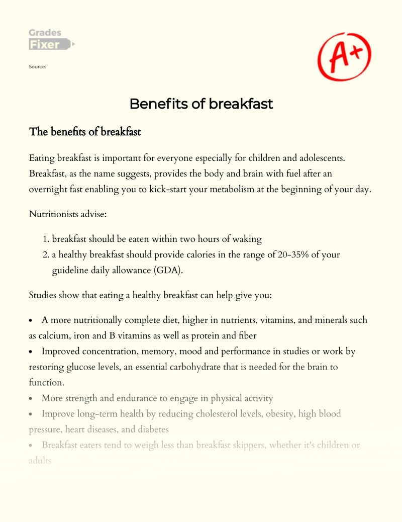 Benefits of Breakfast [Essay Example], 2156 words GradesFixer