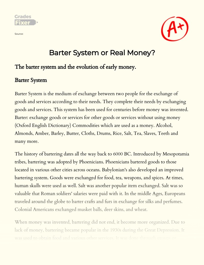Barter System or Real Money [Essay Example], 790 words GradesFixer