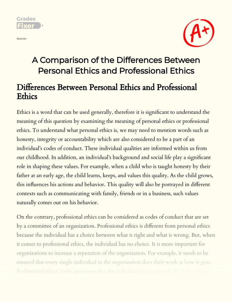 A Comparison of the Differences Between Personal Ethics and