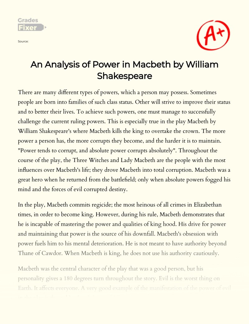 Analysis of power in macbeth by william shakespeare. Essay sample 1551 words. class correction