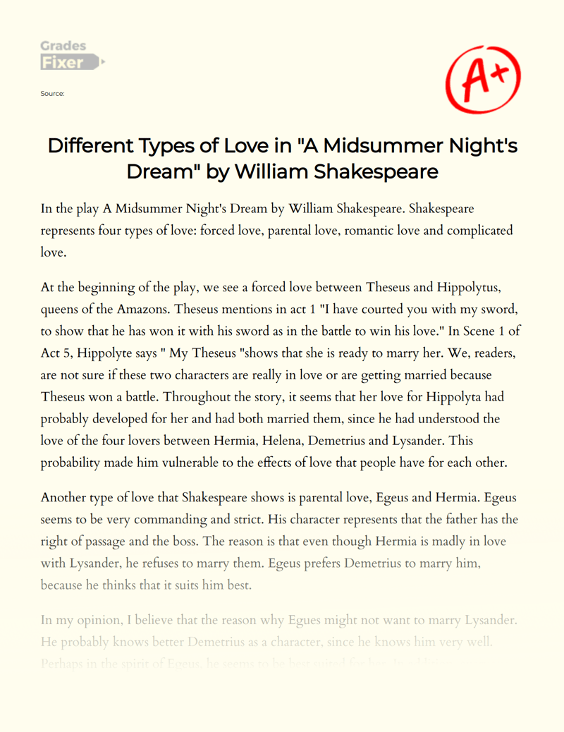 Different Types of Love in "A Midsummer Night's Dream" by William