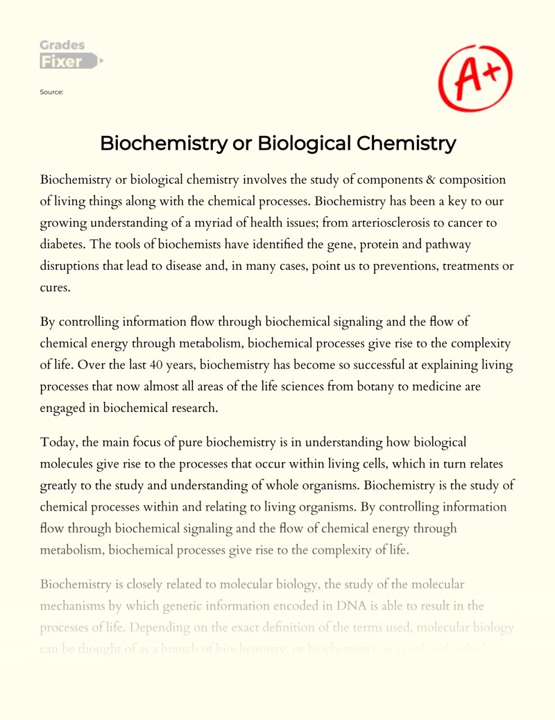 Biochemistry or Biological Chemistry [Essay Example], 295 words