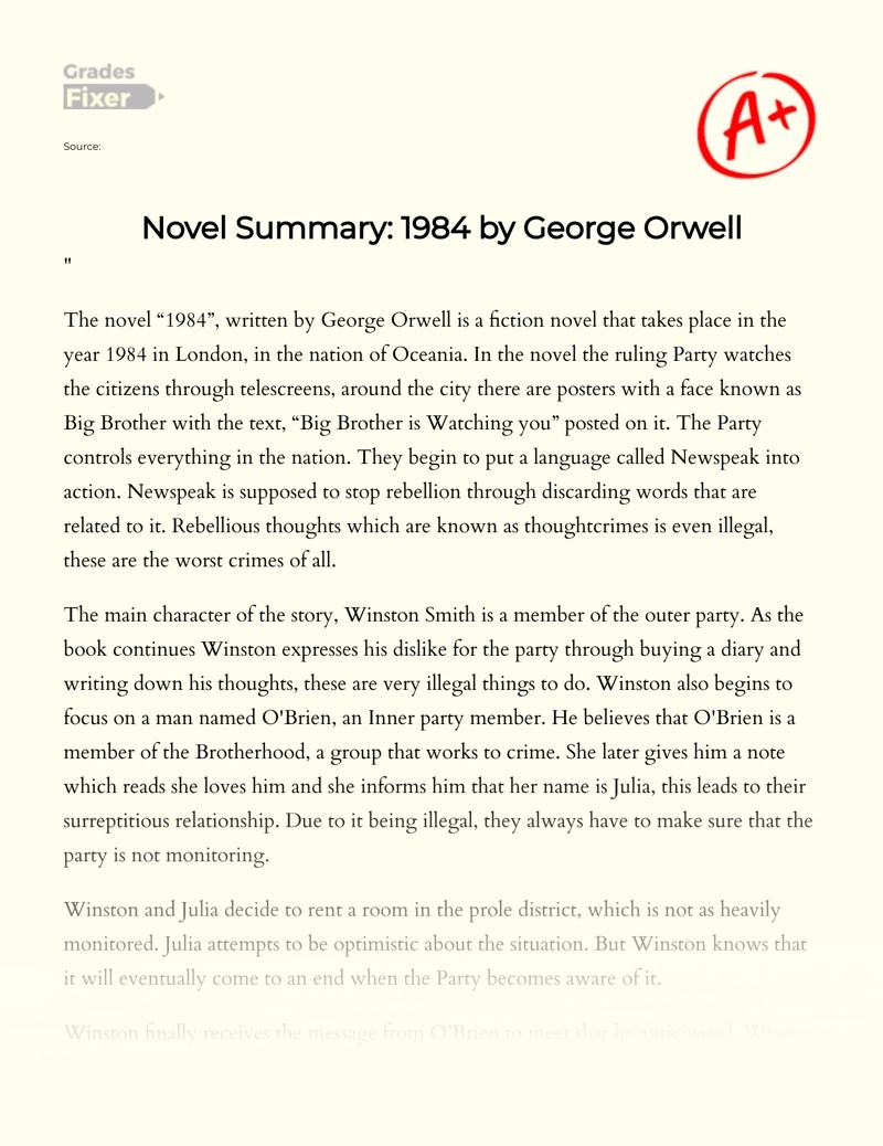 Novel Summary 1984 by Orwell [Essay Example], 471 words