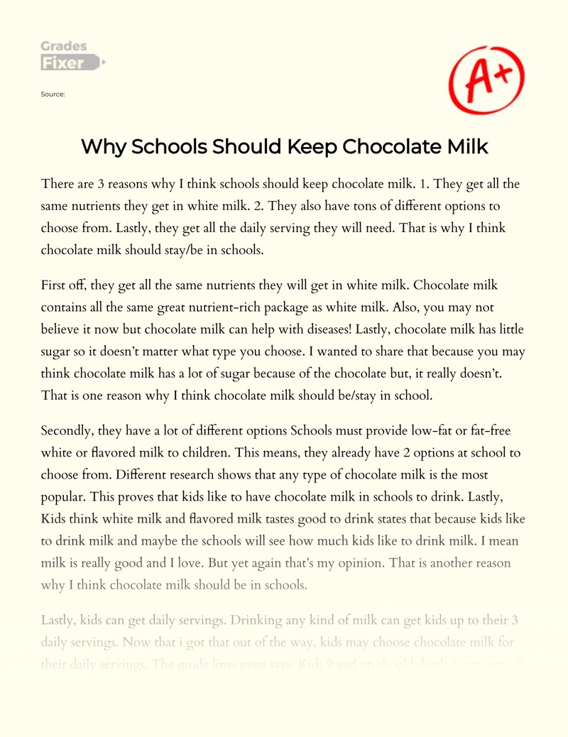 Should Chocolate Milk Be Served In Schools [Essay Example], 542 words