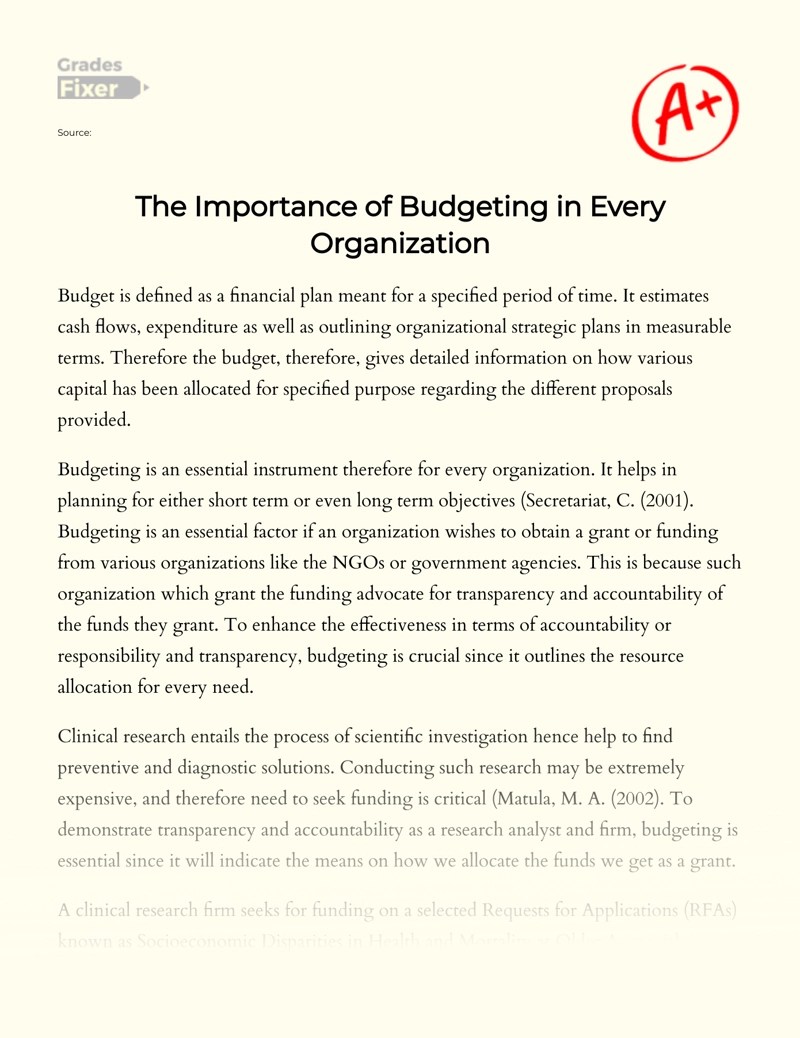The Importance of Budgeting in Every Organization [Essay Example], 634