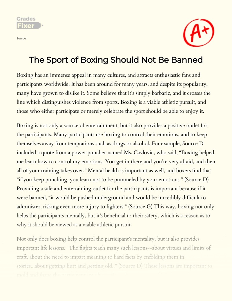 The Sport of Boxing Should not Be Banned [Essay Example], 676 words GradesFixer