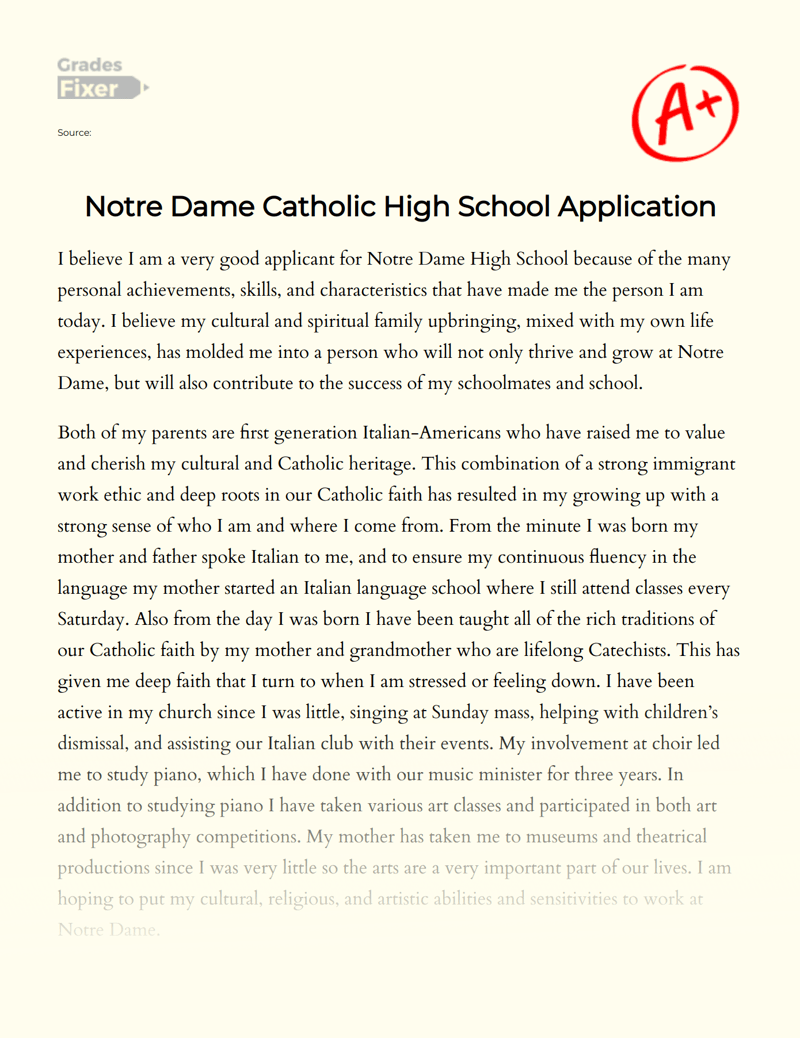 Notre Dame Сatholic High School Application [Essay Example], 883 words