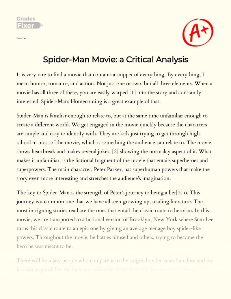 SpiderMan Movie a Critical Analysis [Essay Example], 352 words