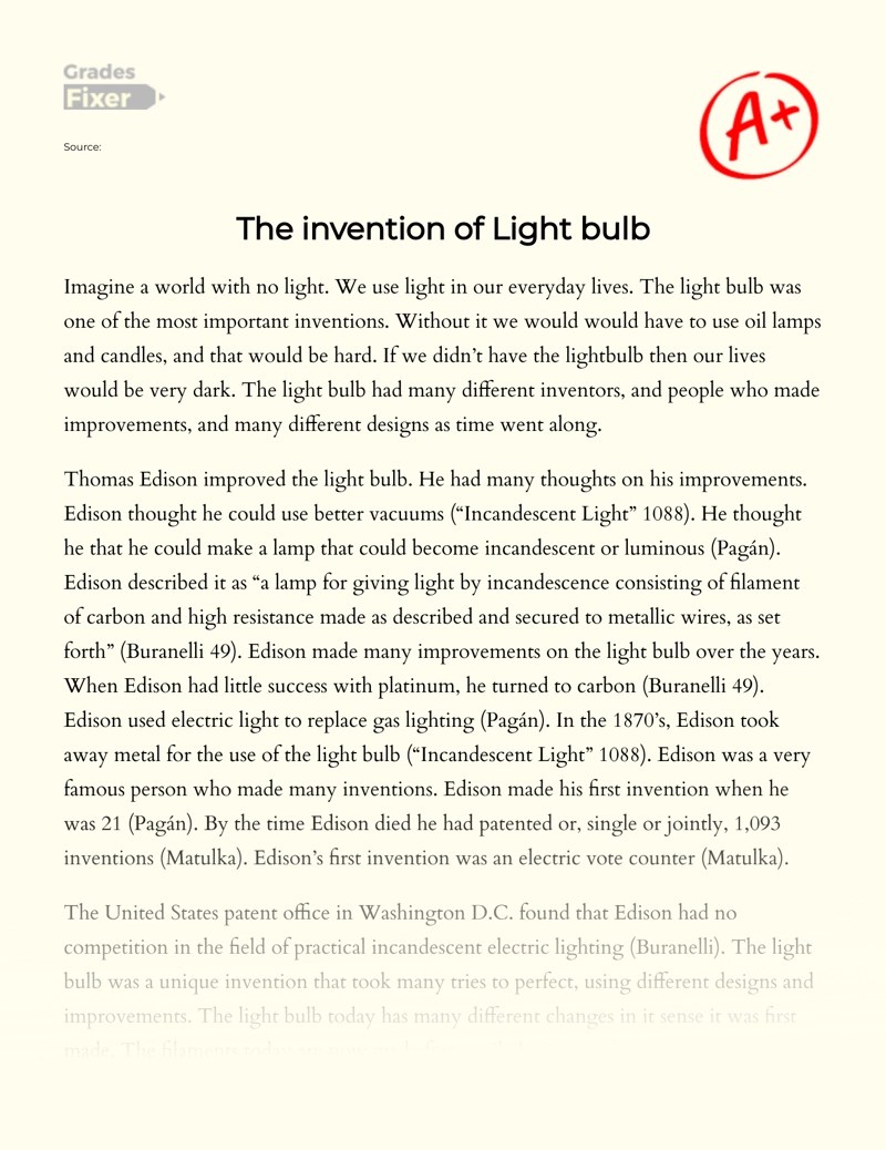 The Invention of Light Bulb [Essay Example], 606 words GradesFixer