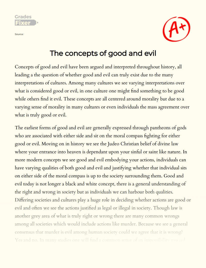 The concepts of good and evil [Essay Example], 814 words GradesFixer
