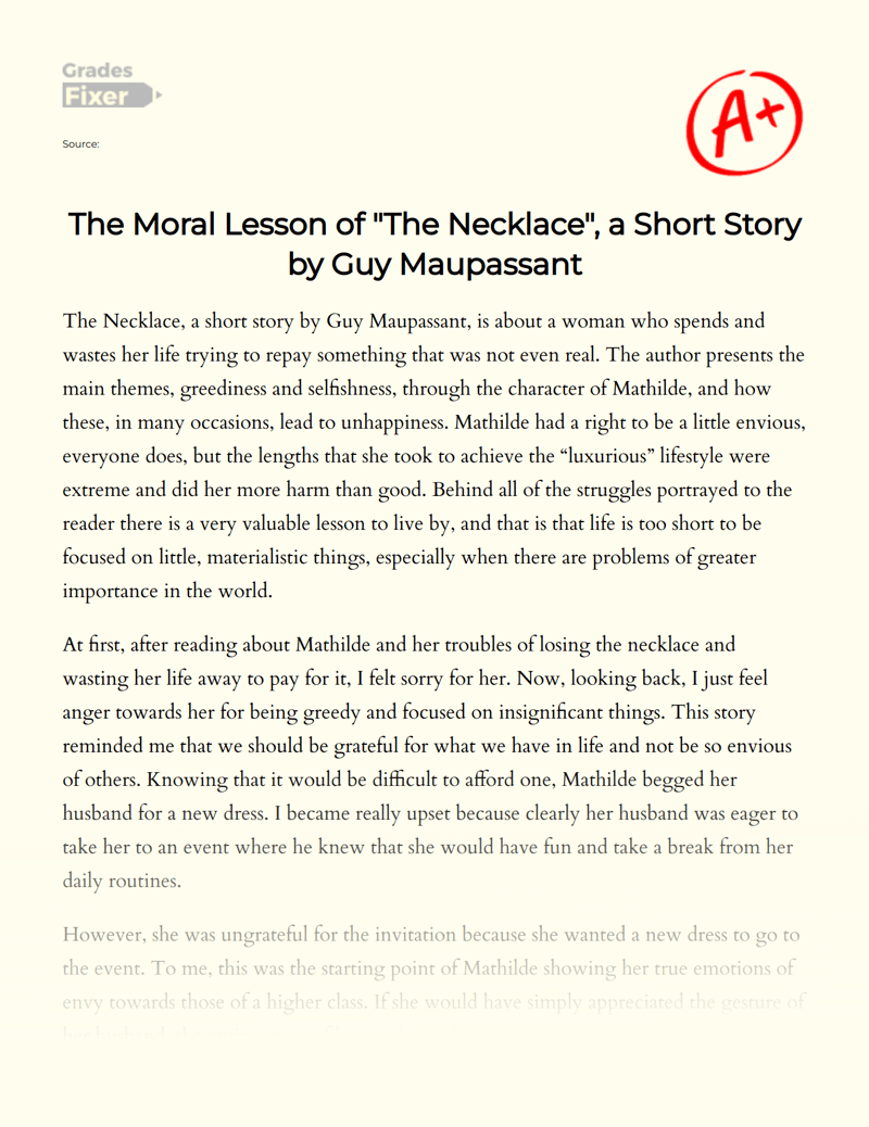 The Moral Lesson of "The Necklace", a Short Story by Guy Maupassant