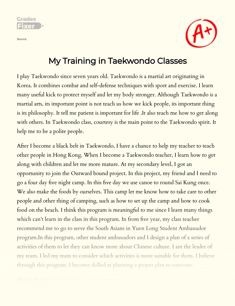 My Training in Taekwondo Classes [Essay Example], 354 words GradesFixer