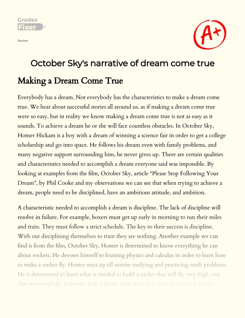 October Sky's narrative of dream come true [Essay Example], 911 words