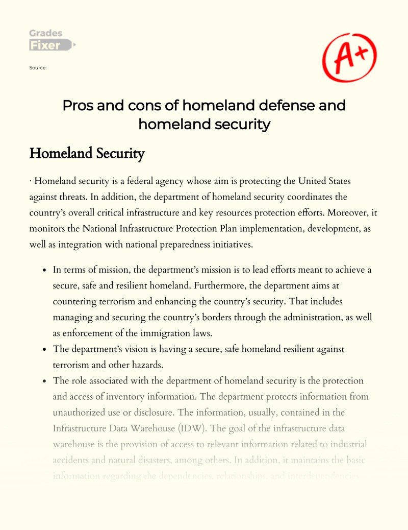 Pros and cons of homeland defense and homeland security [Essay Example