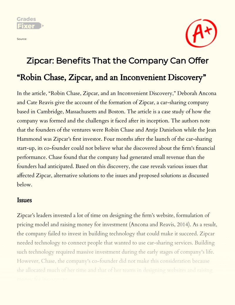 Zipcar Benefits that the Company Can Offer [Essay Example], 1181