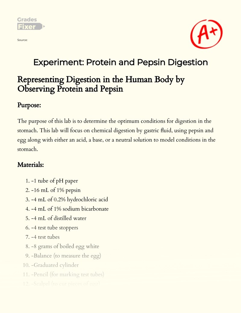 Experiment Protein and Pepsin Digestion [Essay Example], 1147 words