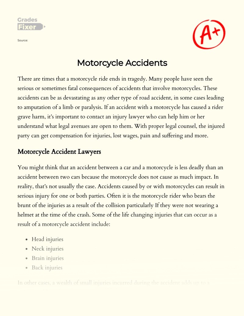 Overview of Injuries and Effects of Motorcycle Accidents [Essay Example], 430 words GradesFixer