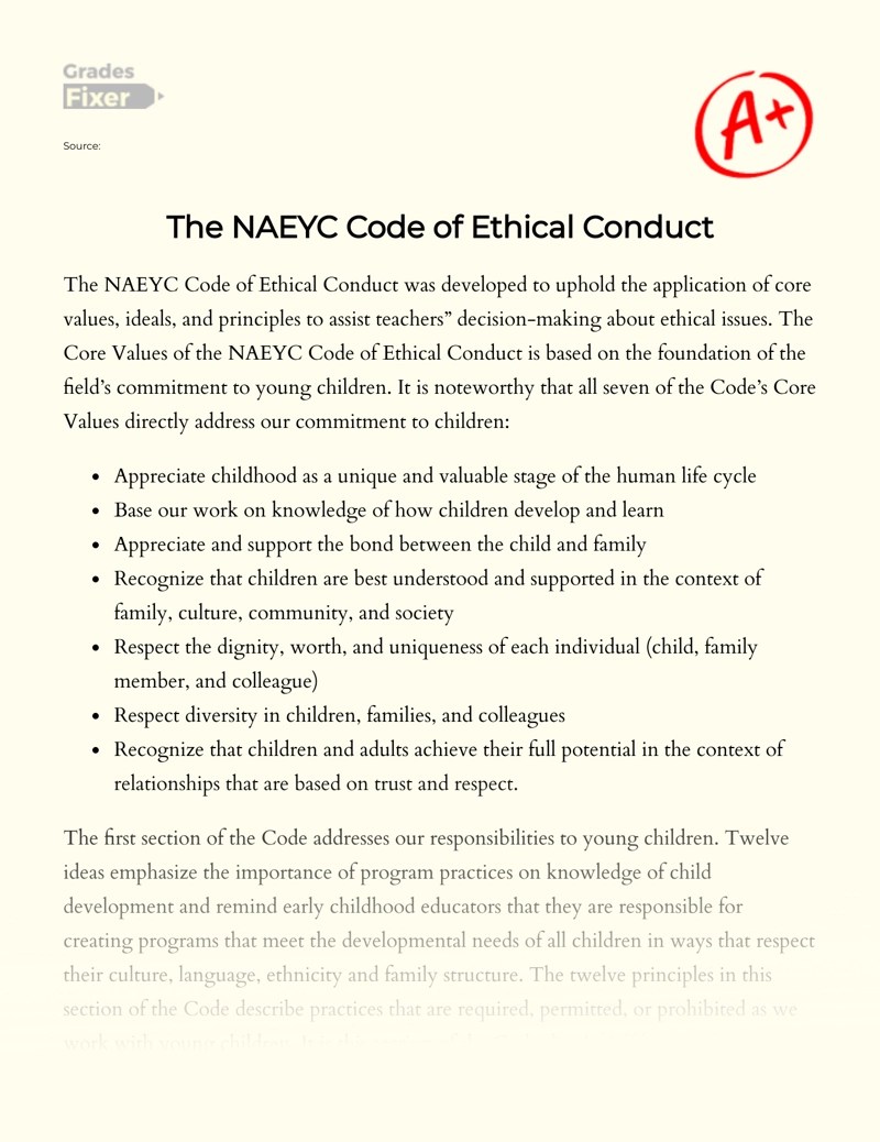 The Naeyc Code of Ethical Conduct [Essay Example], 799 words GradesFixer