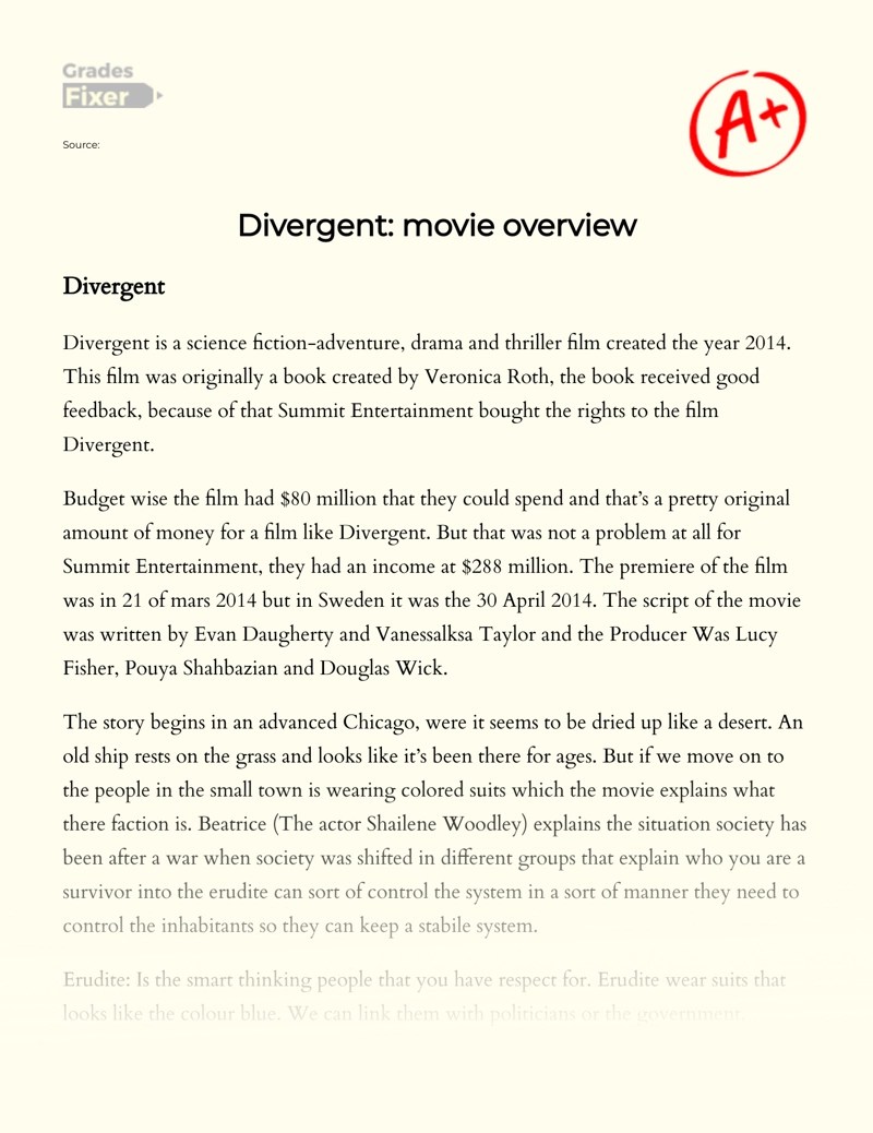 "Divergent" Movie Review and Film Summary [Essay Example], 1612 words