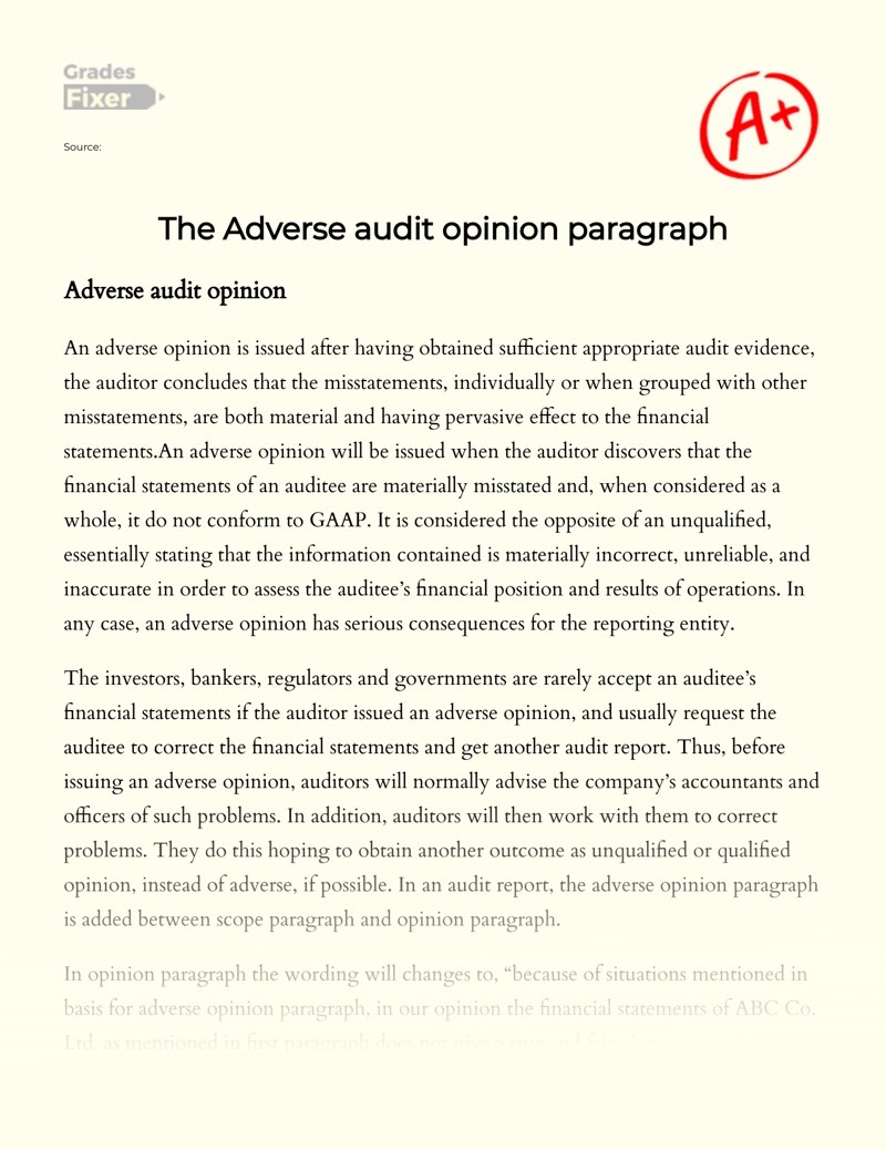The Adverse audit opinion paragraph: [Essay Example], 630 words GradesFixer