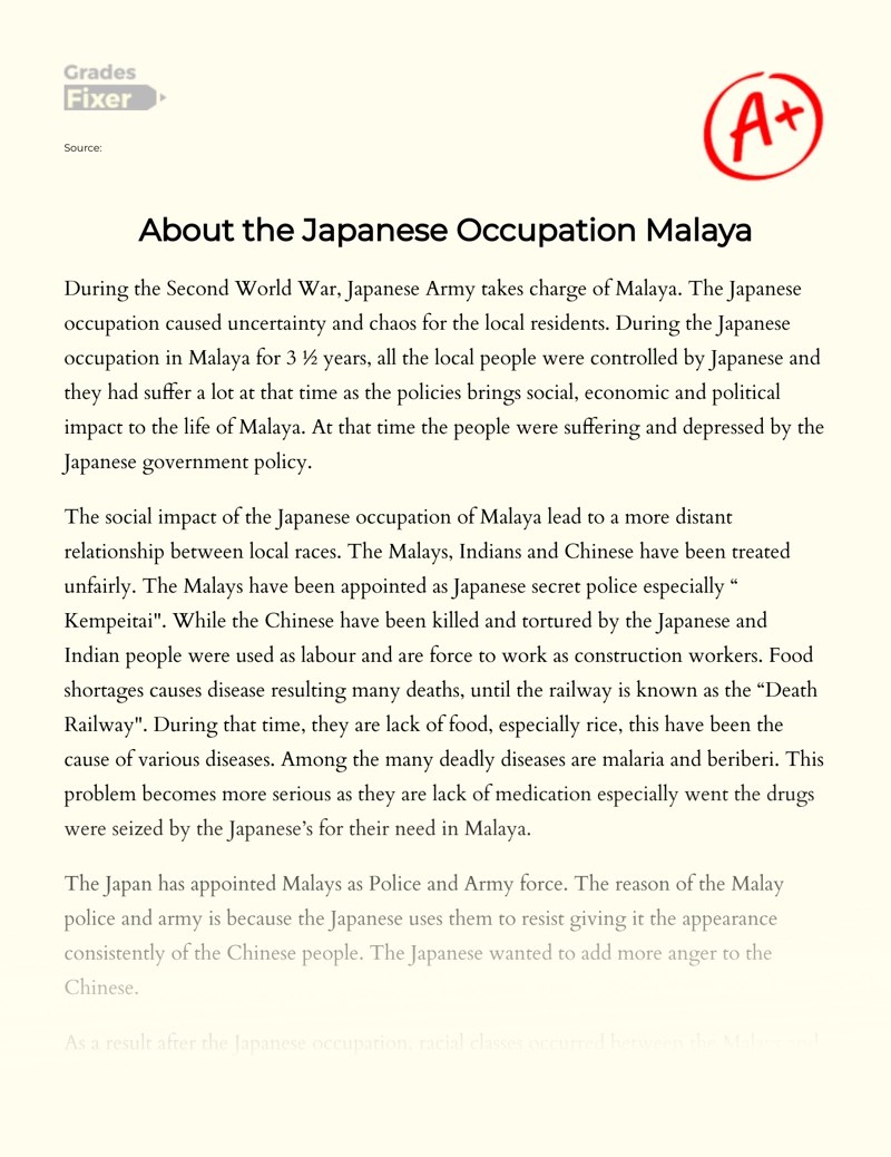 About the Japanese Occupation Malaya [Essay Example], 3210 words