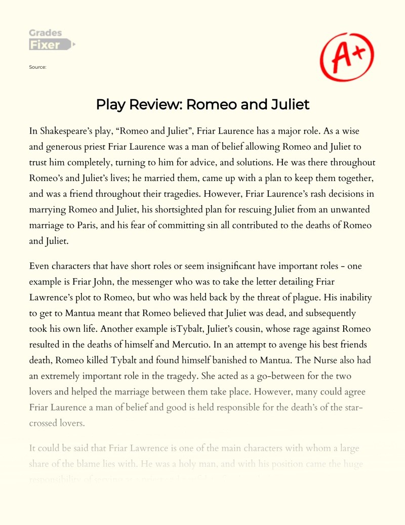 The Role of Friar John in "Romeo and Juliet" [Essay Example], 797