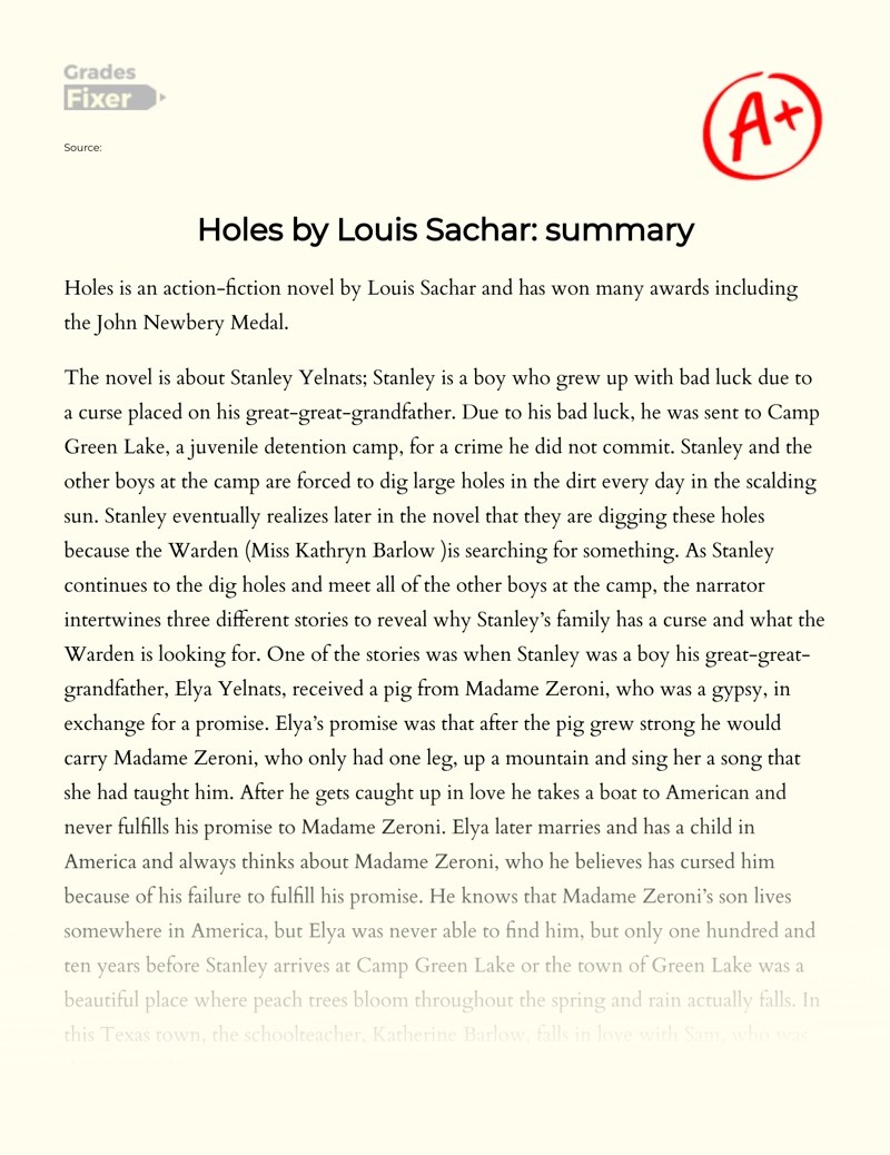 Holes by Louis Sachar Summary [Essay Example], 922 words GradesFixer