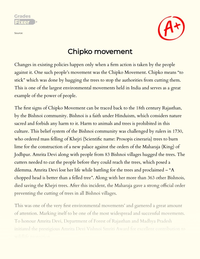 Chipko Movement: [Essay Example], 885 Words Gradesfixer