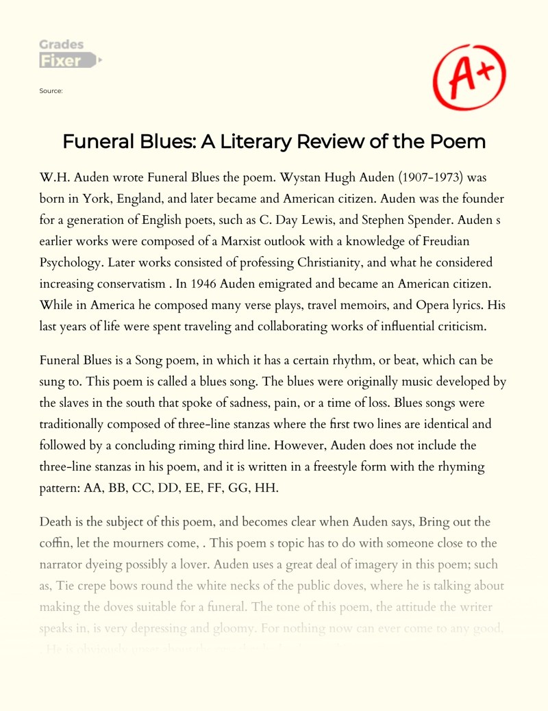 Funeral Blues A Literary Review of the Poem [Essay Example], 643