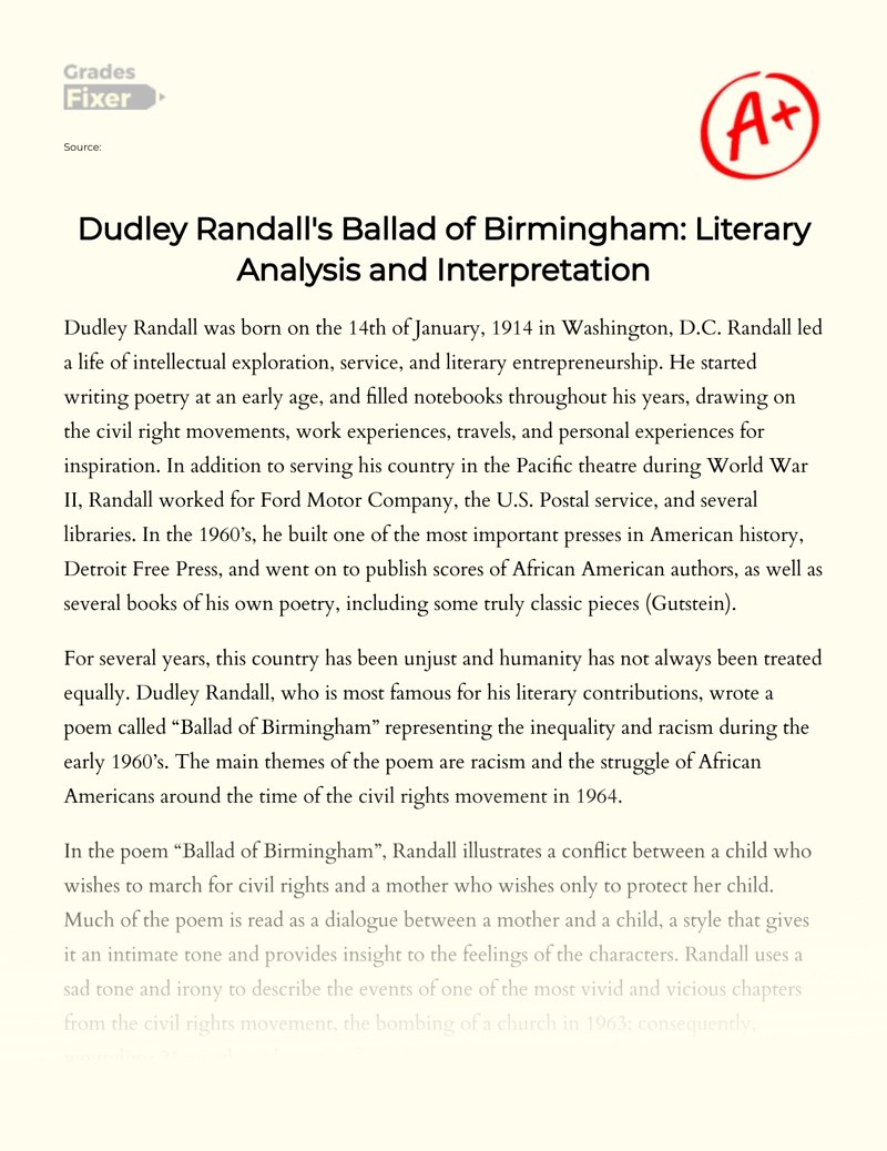 Dudley Randall's Ballad of Birmingham Literary Analysis and