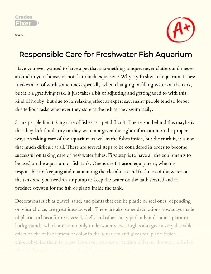Responsible Care for Freshwater Fish Aquarium [Essay Example], 470