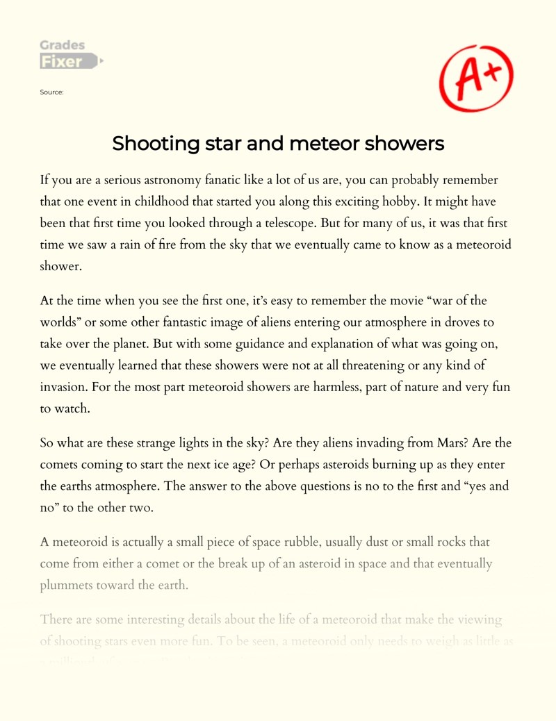 Shooting star and meteor showers [Essay Example], 561 words GradesFixer
