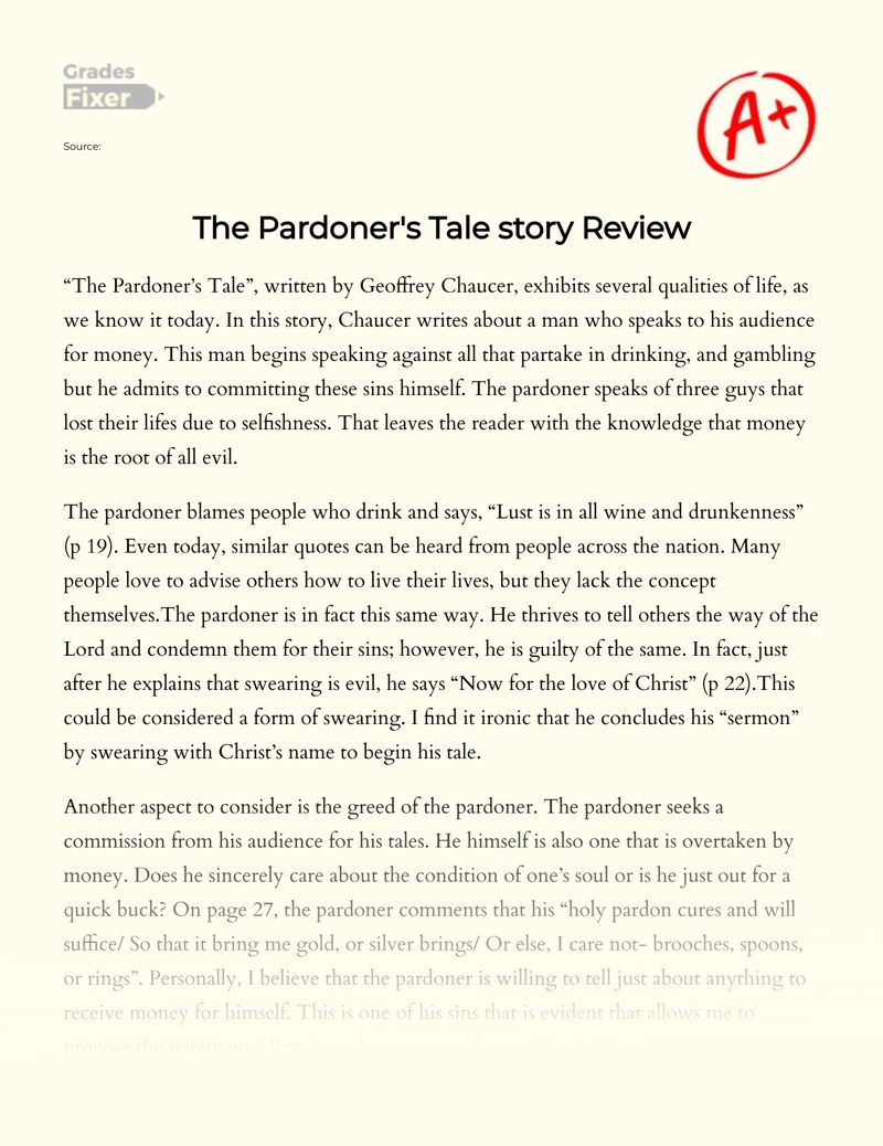 The Pardoner's Tale story Review [Essay Example], 1001 words GradesFixer