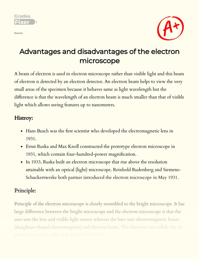 Advantages and disadvantages of the electron microscope [Essay Example