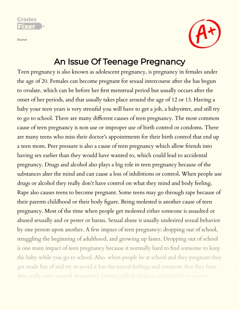 An Issue of Teenage Pregnancy [Essay Example], 596 words GradesFixer