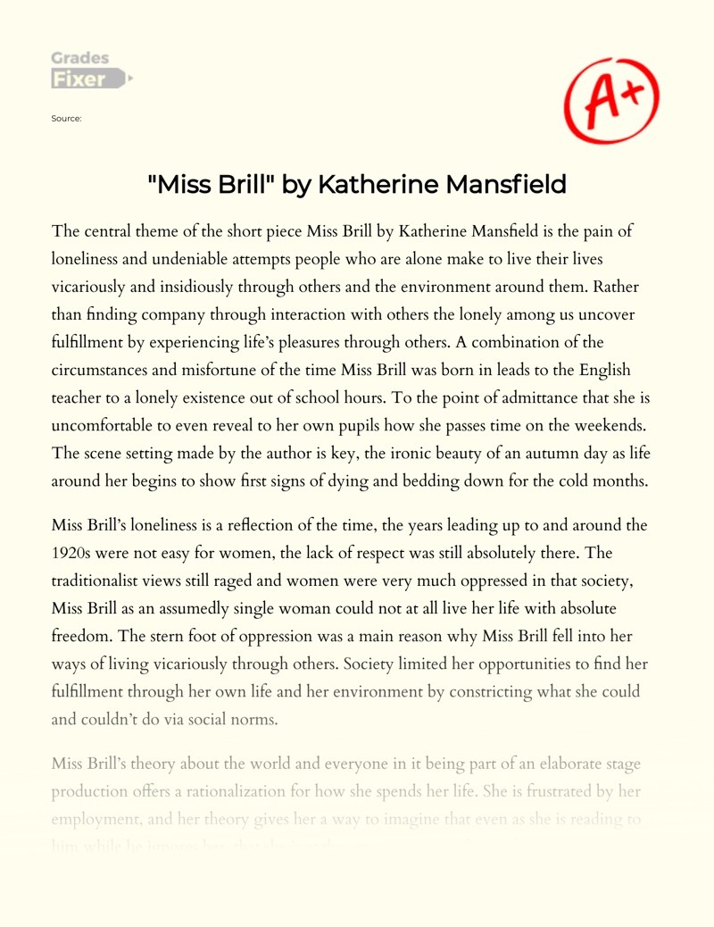 The Theme of Loneliness in "Miss Brill" by Katherine Mansfield [Essay